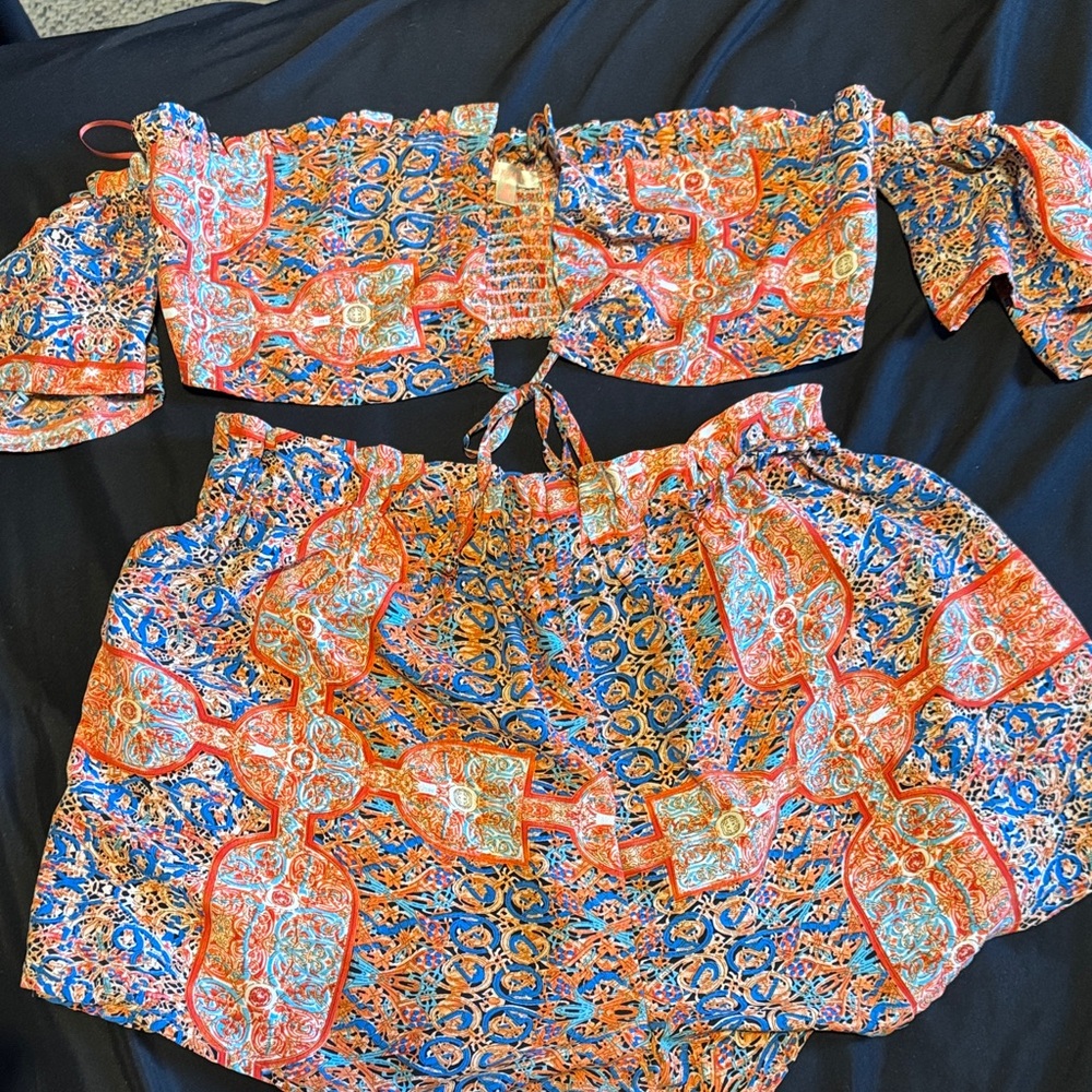 Colorful Off-Shoulder Crop Top & Shorts Set